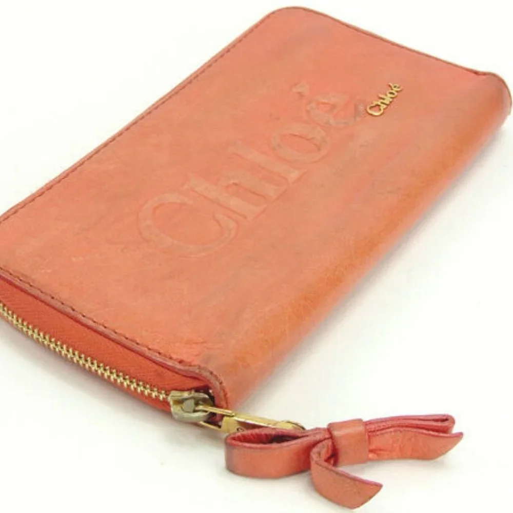 Chloe Wallet Purse Long Wallet Logo Orange Woman Authentic Used - Picture 2 of 6